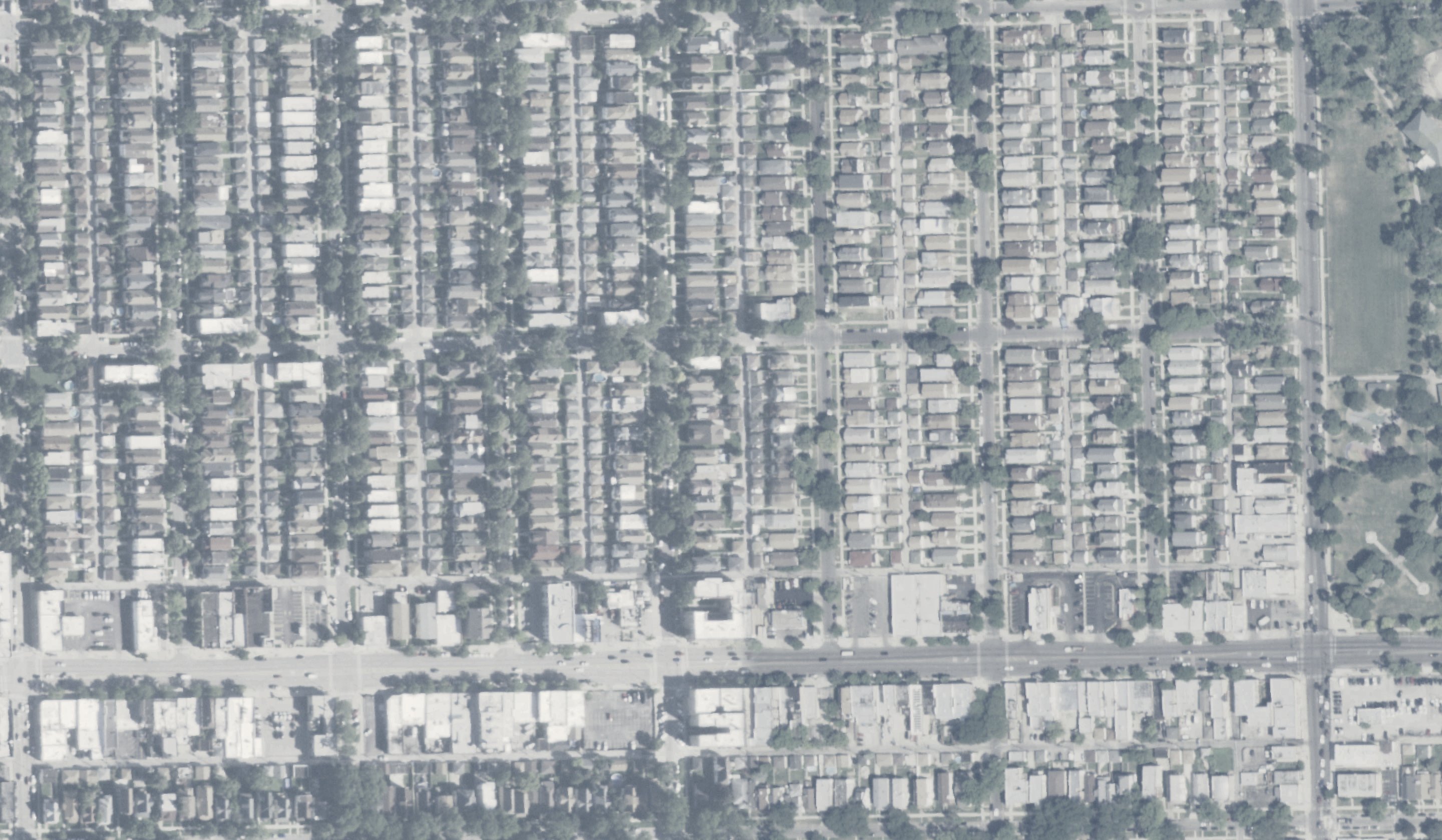 Real aerial view of residential blocks in Portage Park, Chicago