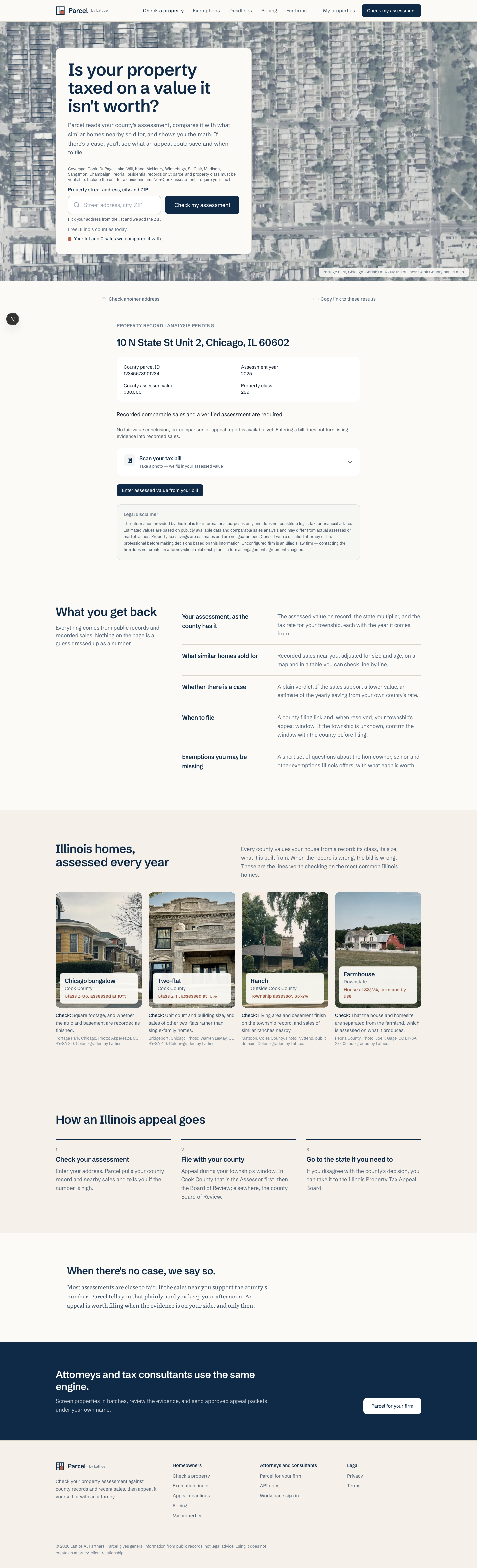 Parcel preliminary-result interface with a synthetic matched property record, missing comparable evidence and a tax-bill verification action