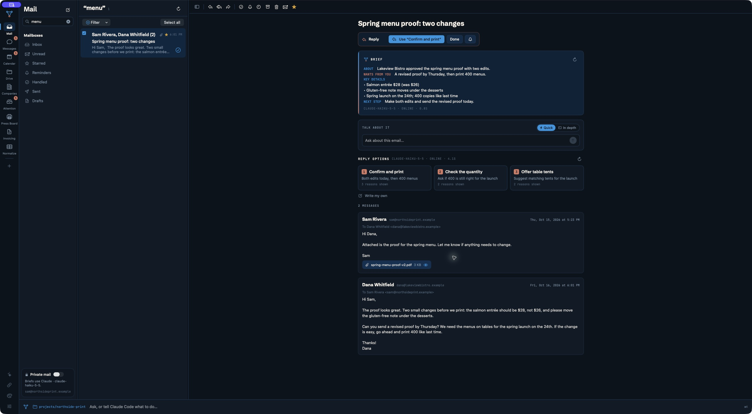 Actual native desktop workspace with inbox, email brief, Talk about it, suggested replies and the original conversation