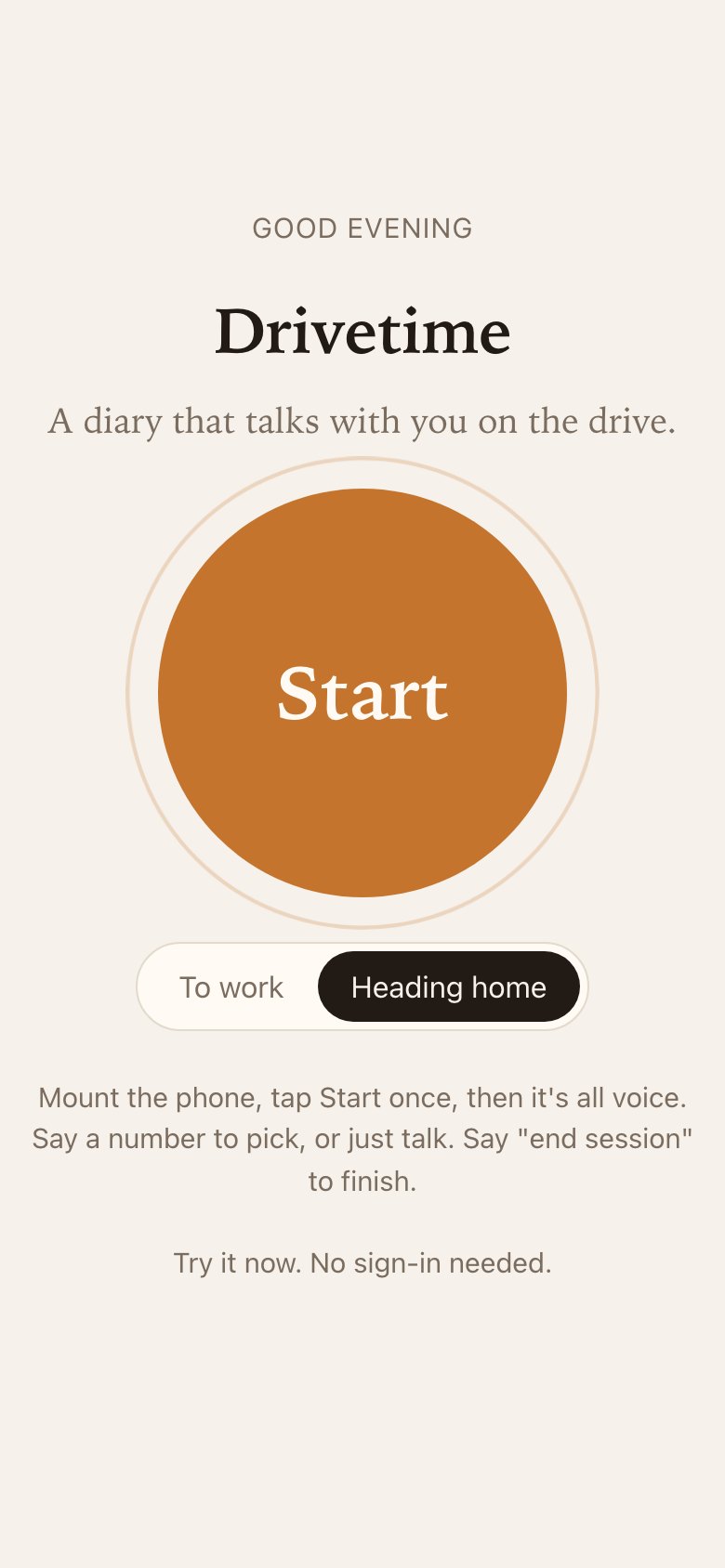 Drivetime on a phone: a large Start button with To work and Heading home choices.