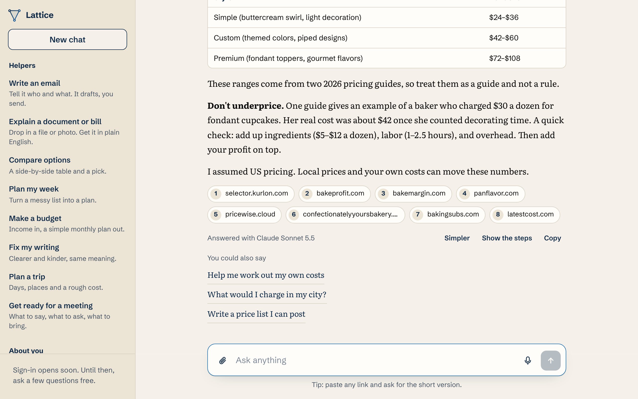 Lattice One answering what a small bakery should charge for custom cupcakes, with a price table, eight numbered sources and Simpler, Show the steps and Copy.