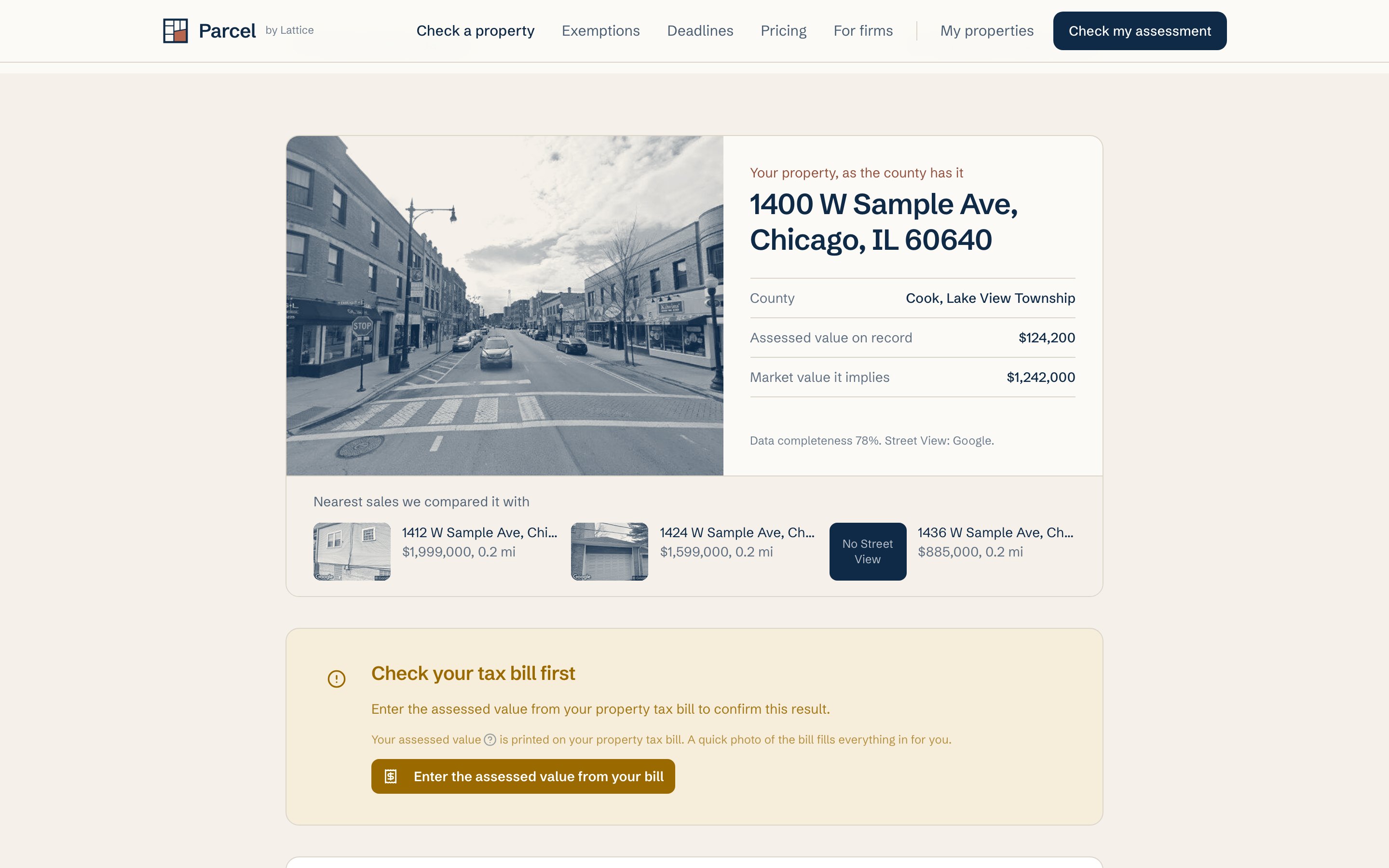Parcel results for a sample address: county, assessed value, implied market value and the nearest comparable sales.