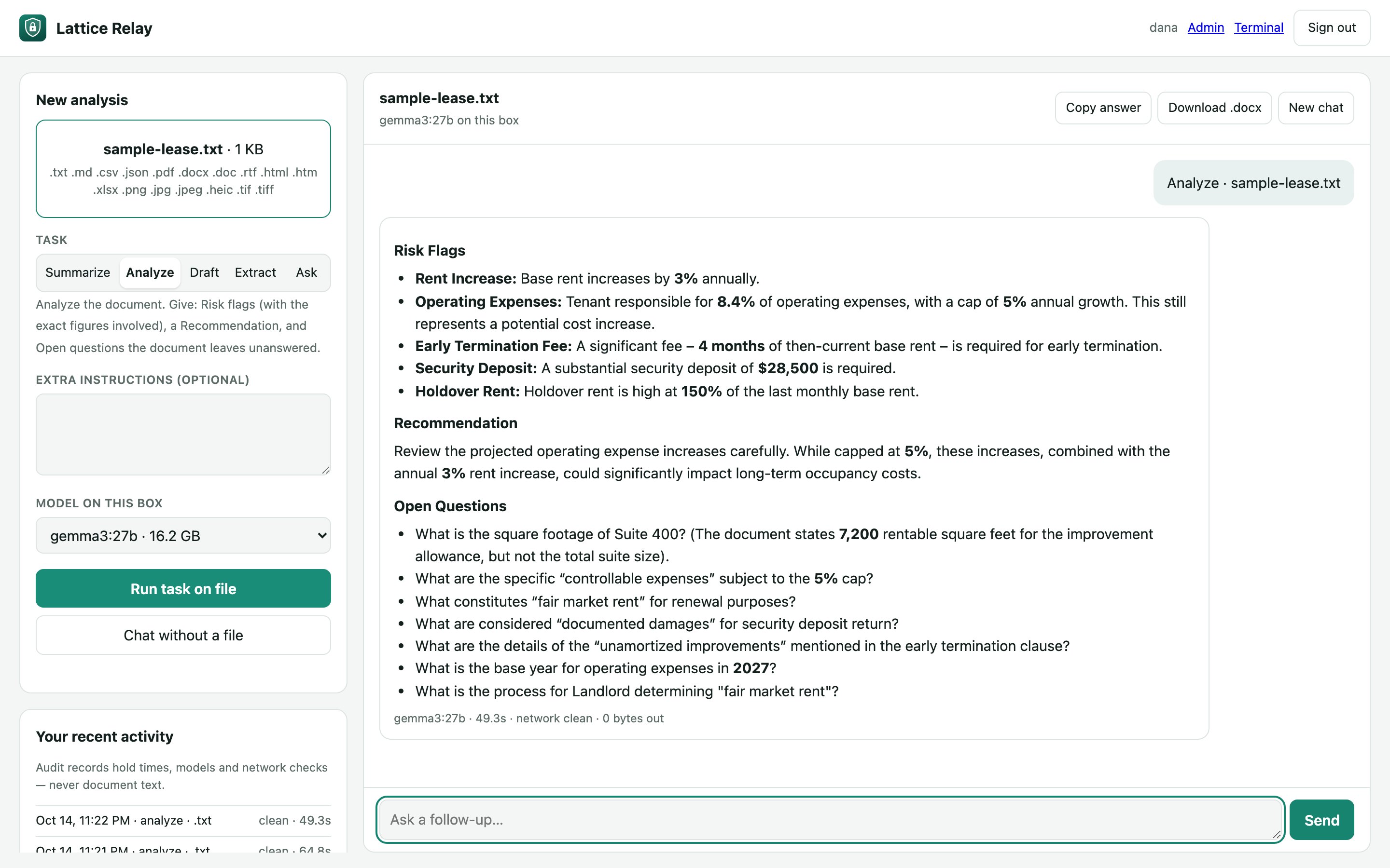 Lattice Relay analyzing a sample lease on the office box: risk flags, a recommendation and open questions, with zero bytes sent out.