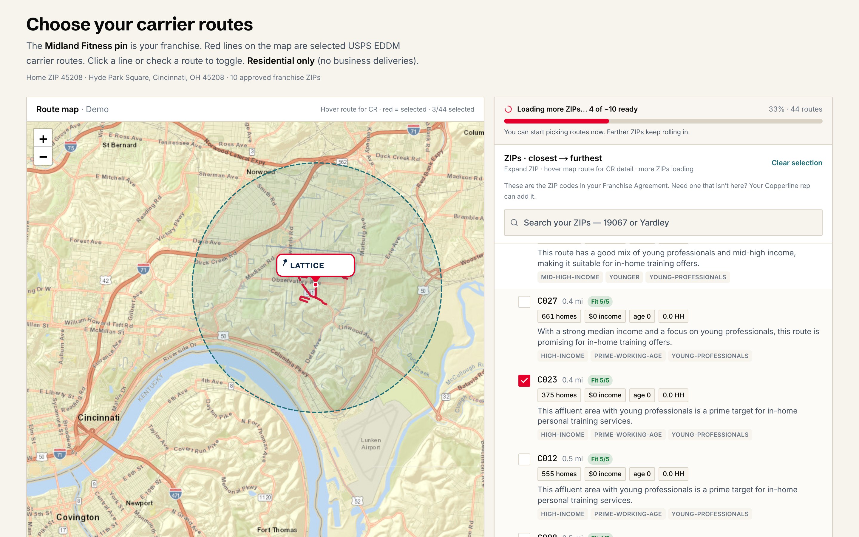 The mail planner choosing carrier routes on a map for a sample fitness franchise, with routes rated by audience fit.