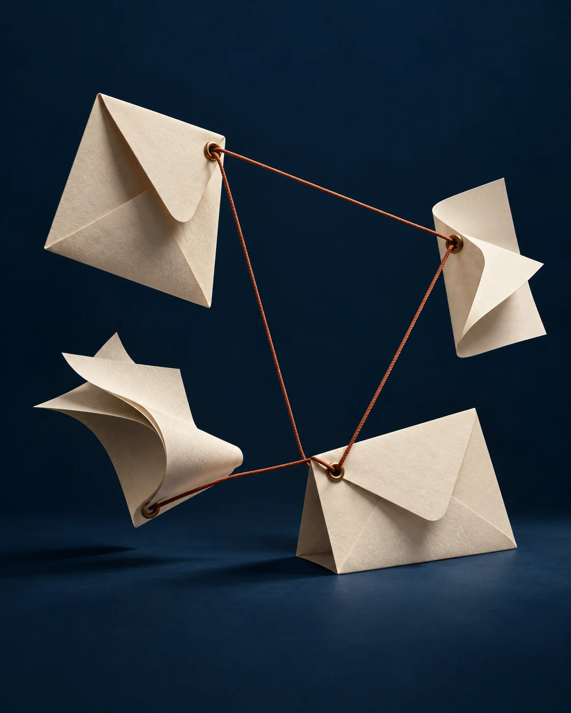Conceptual Lattice brand artwork: paper correspondence connected by a terracotta thread