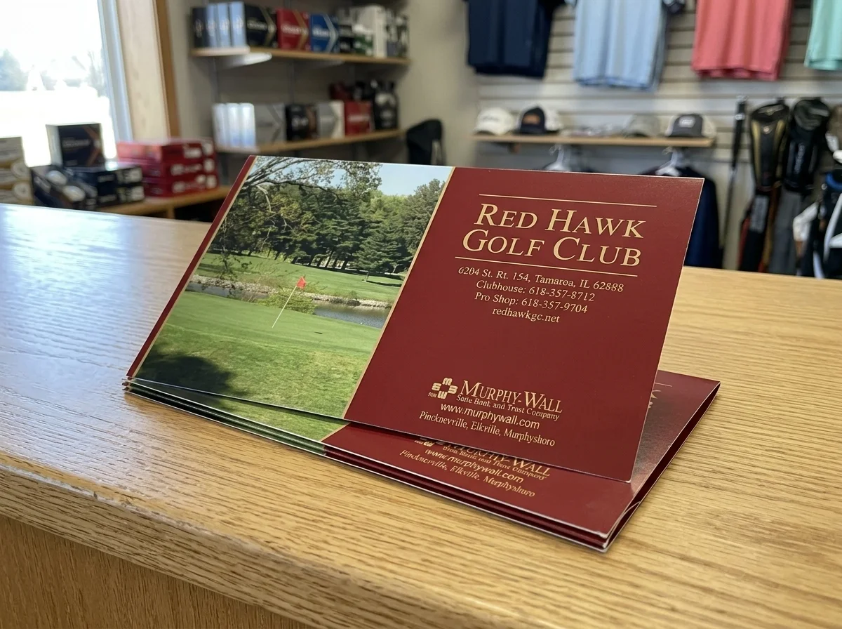 A finished StarterBox bifold scorecard standing on a pro-shop counter.