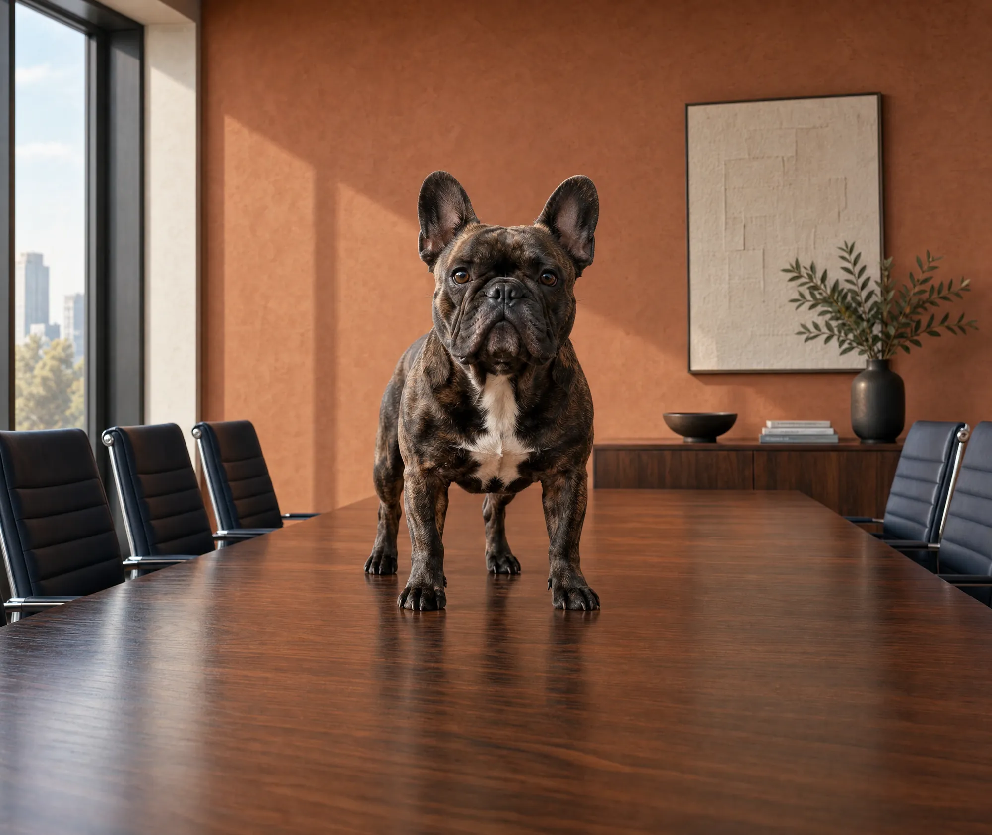 The illustrated Lattice bulldog at the boardroom table
