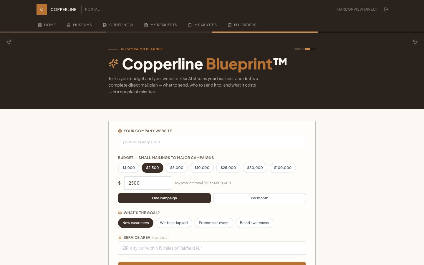 Screenshot of AI campaign planner — Goal, budget and a website in. A multi-drop mail plan out, in under a minute.