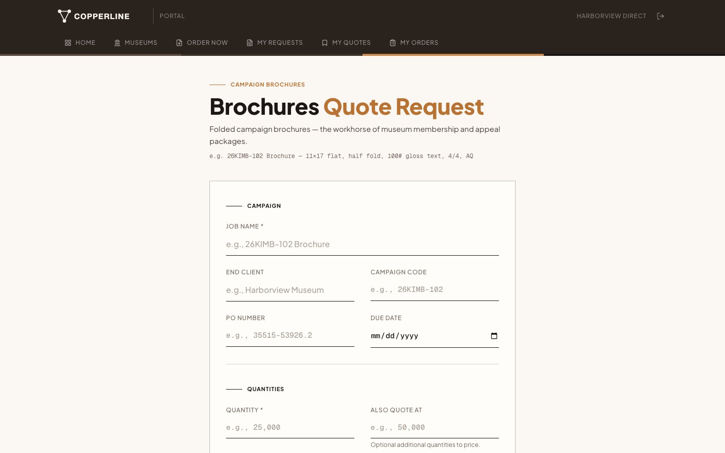 Screenshot of Branded intake forms — A submission page in your brand that creates the job, files the artwork, and notifies the right people.