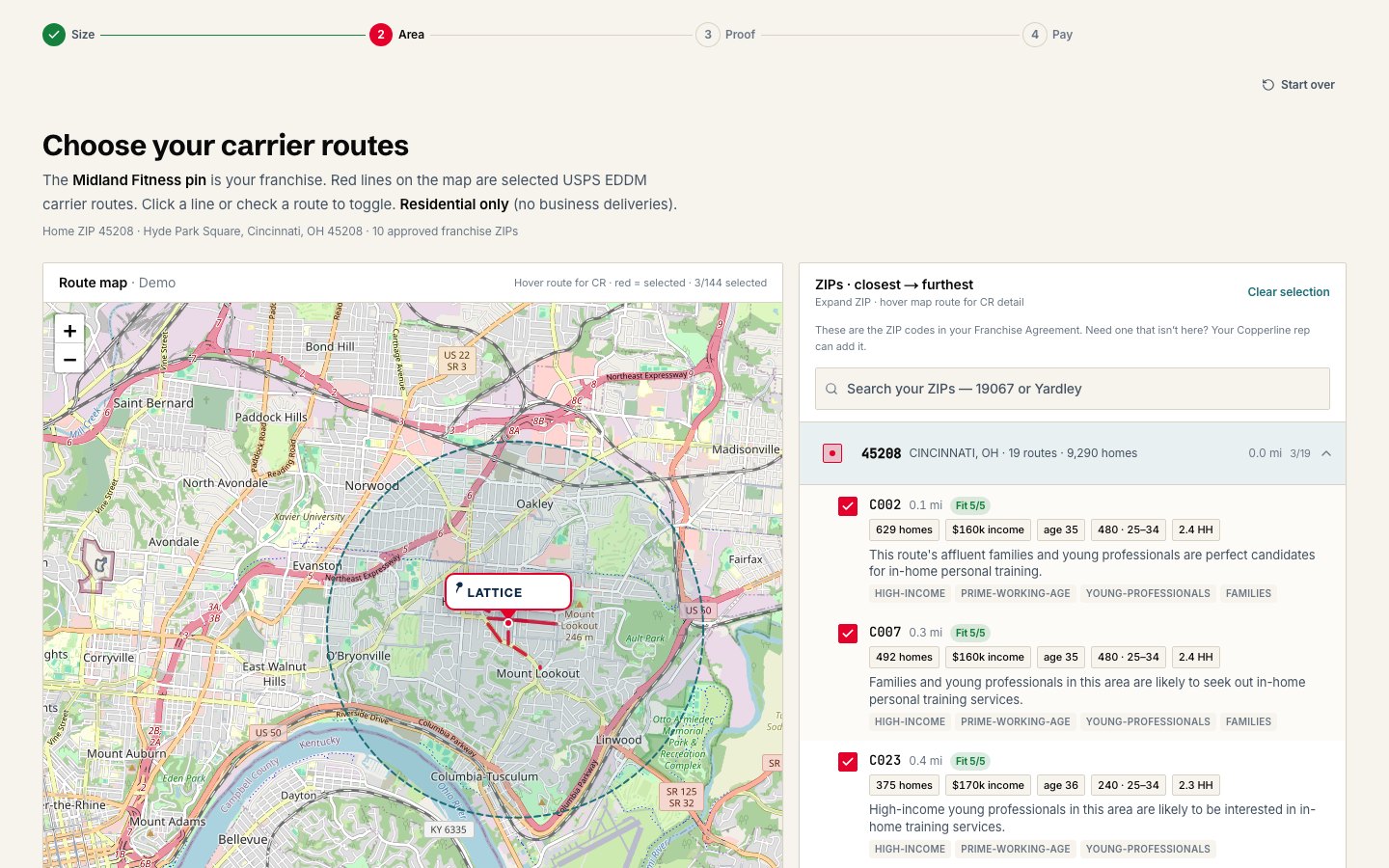 Screenshot of EDDM route picker — Pick carrier routes on a map, see counts and postage, order the mailing.
