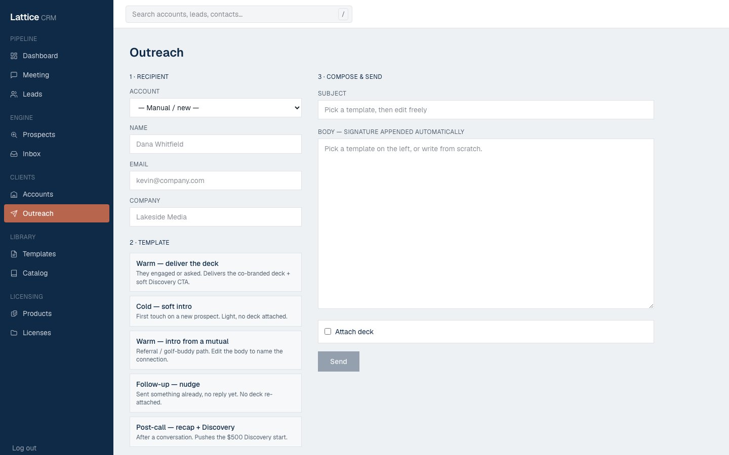Screenshot of Outreach sequencer — Multi-step sequences with caps, tracking, unsubscribe and a compliance gate in front of every send.