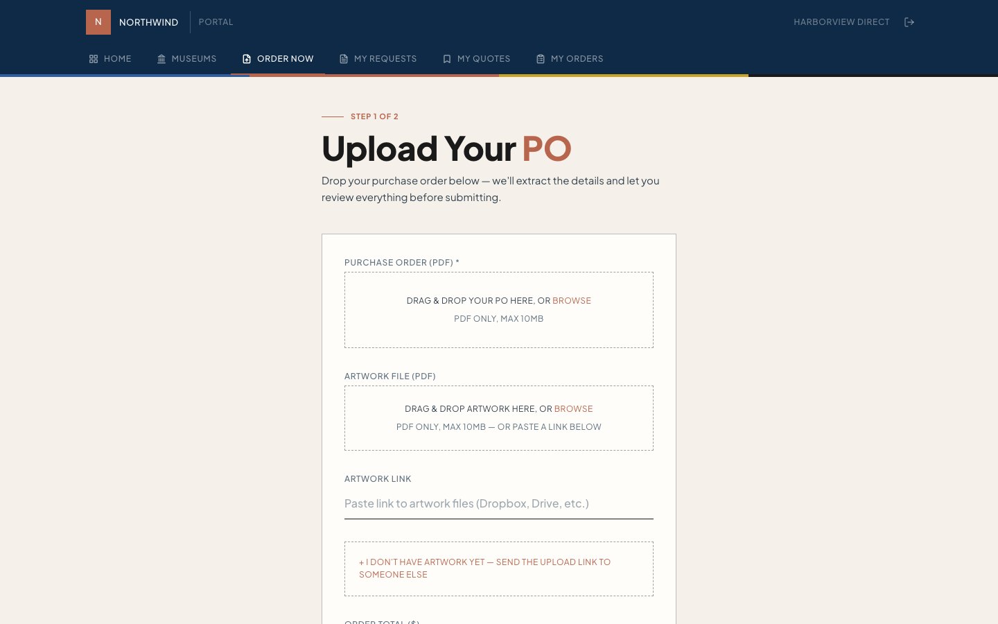 Screenshot of PO parsing — Drop a purchase-order PDF. Get an editable, structured order.