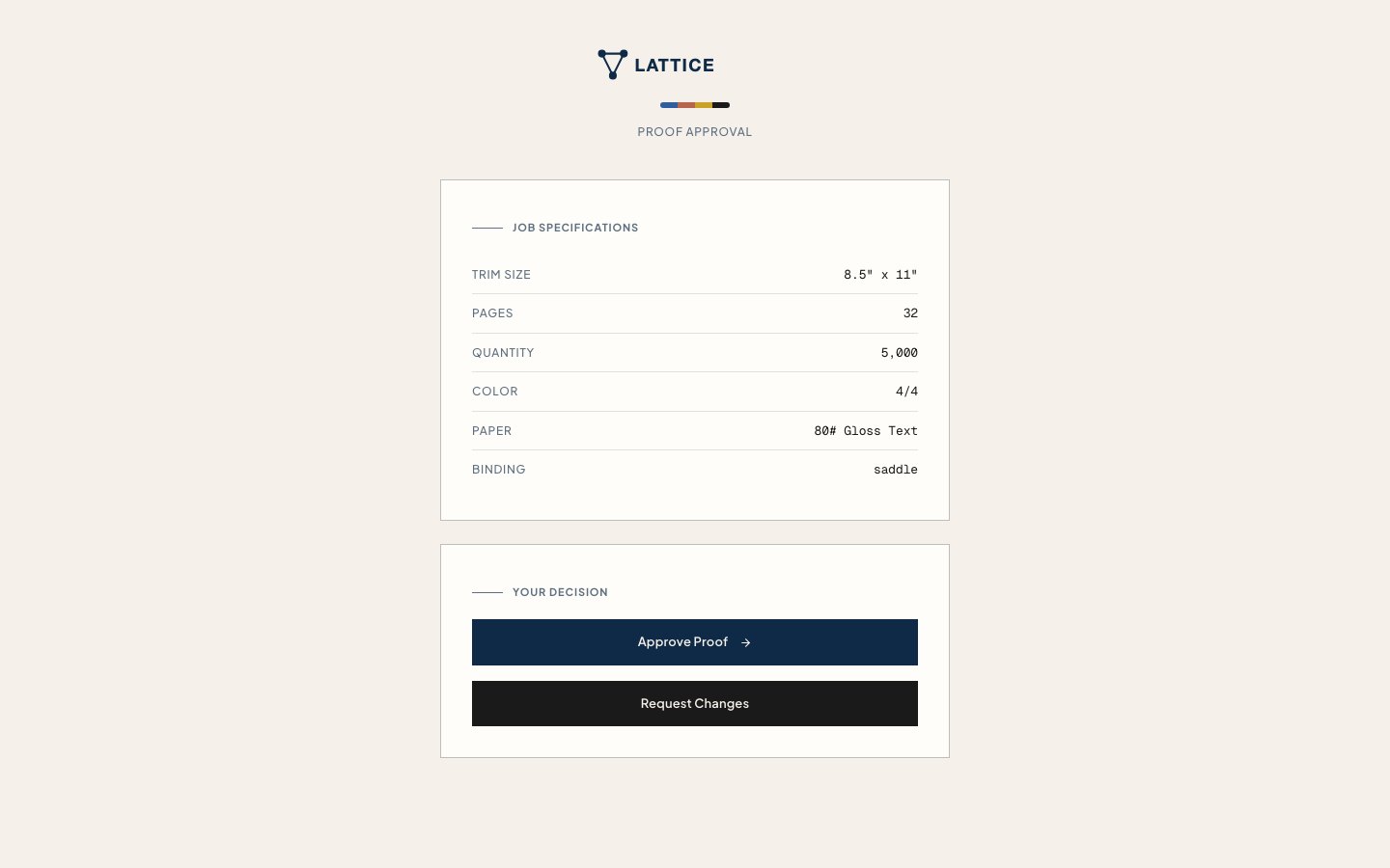 A proof approval page opened from a magic link, with approve and request-changes actions.