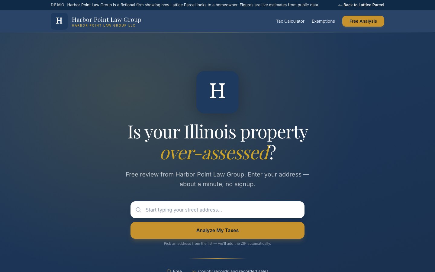 Screenshot of Property-tax appeal engine — Address in. Comparable analysis, attorney memo and filing packet out.