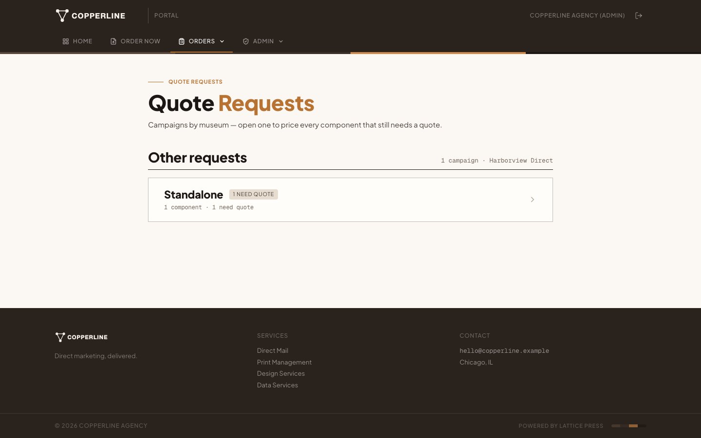 Screenshot of Vendor bid fan-out — A custom request goes to your vendors. The customer never sees who, or what it cost you.