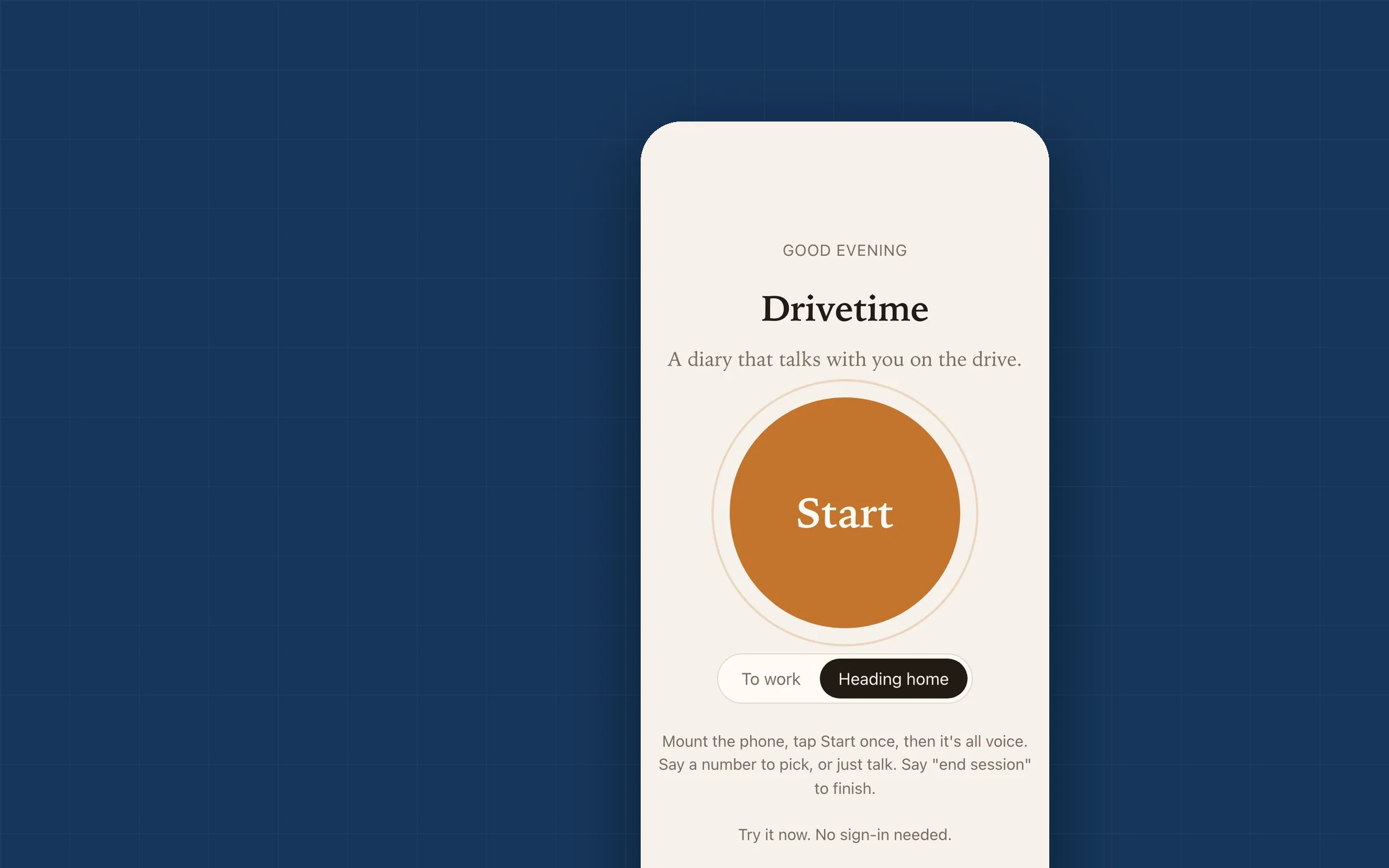 Drivetime's real screen, unchanged, on a flat blue field.