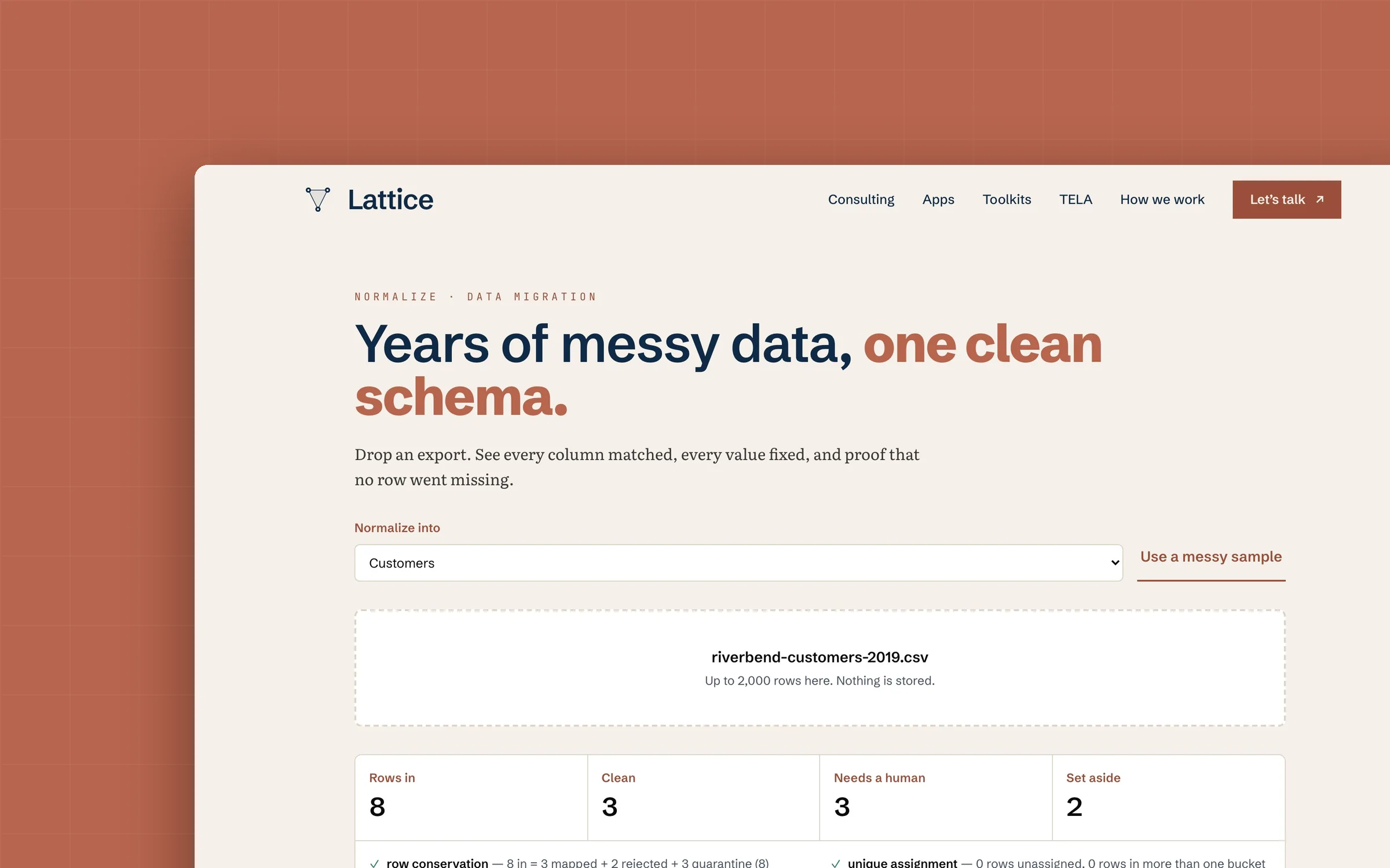 Lattice Normalize's real screen, unchanged, on a flat terracotta field.